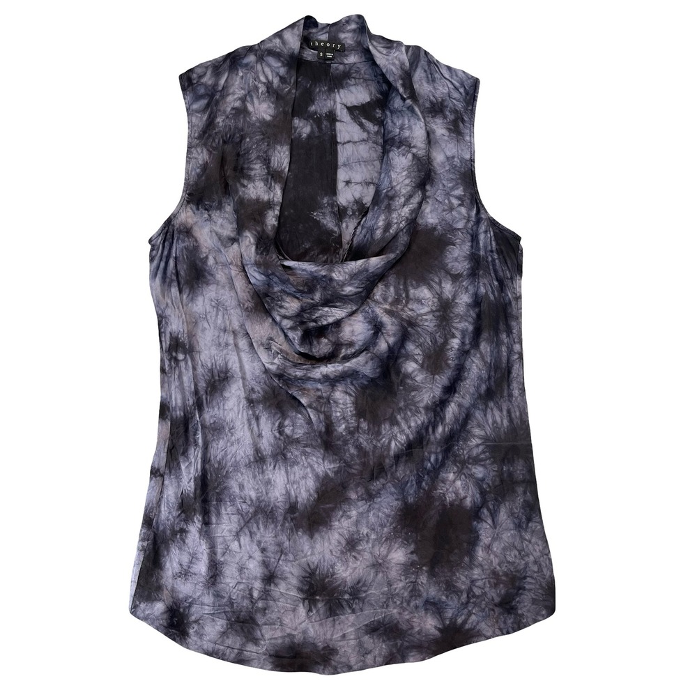 Theory Womens Silk Blouse Grey Black Tie Dye Cowl Neck‎ Sleeveless Chic S